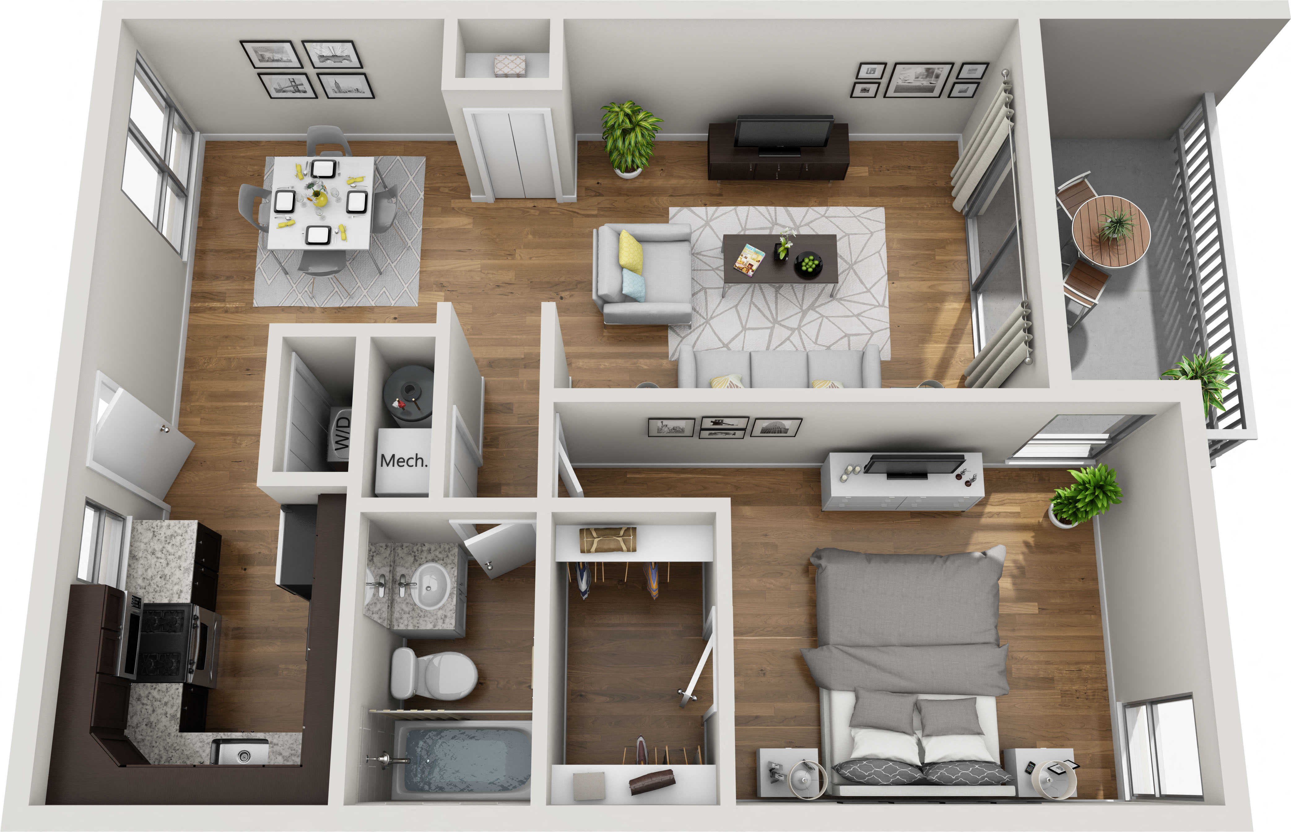 Floor plan for 1 bed, 1 bath, 724 sqft